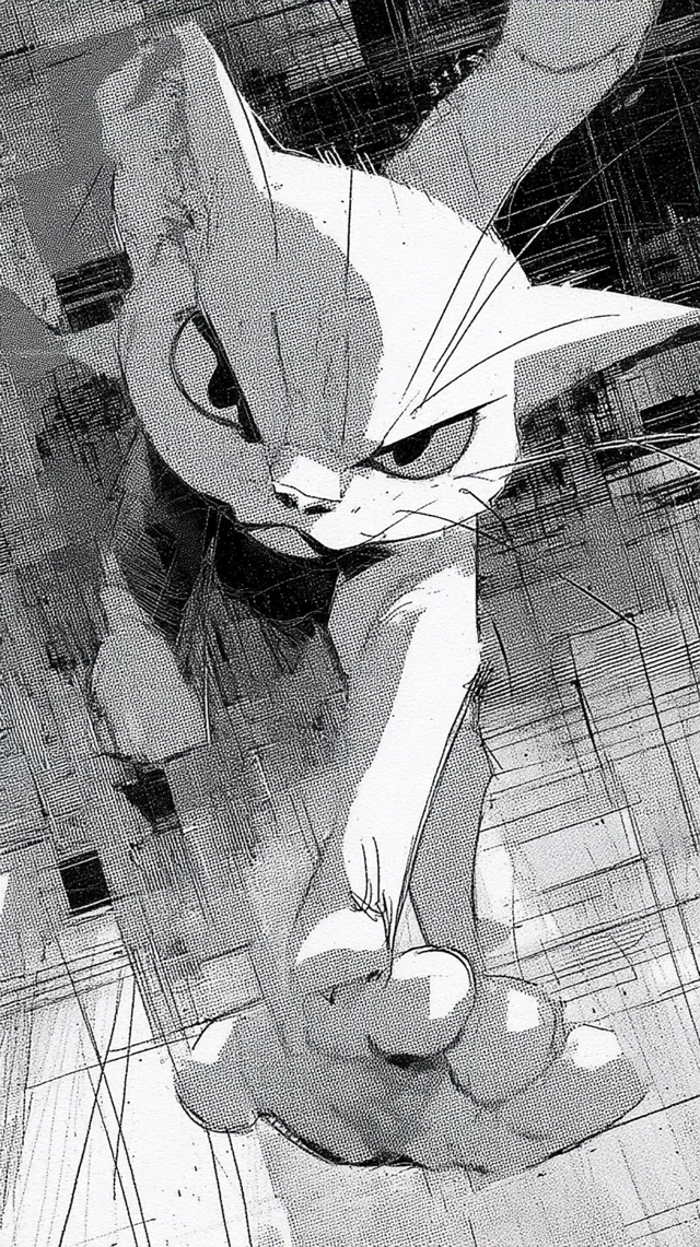 Epic Manga Cat Black and White Illustration