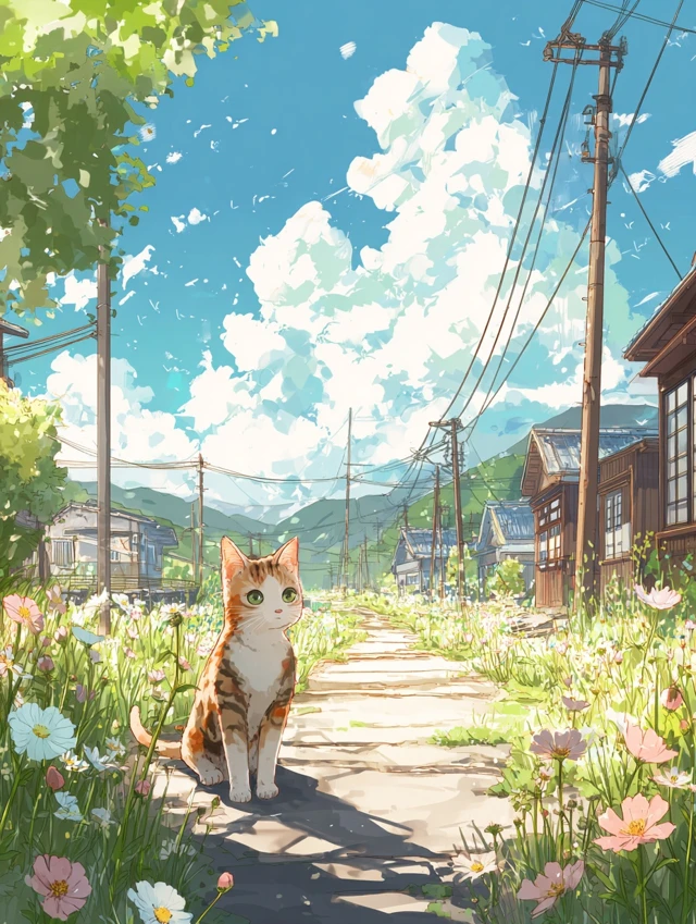 Cat Walking Summer Scene Flowers and Blue Sky