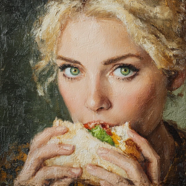 Blonde Girl Eating Hoagie Oil Painting