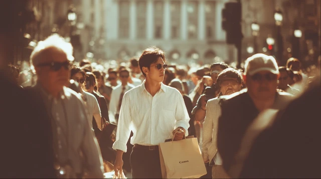 Asian Man in Crowd Carrying Gift Sunny Day
