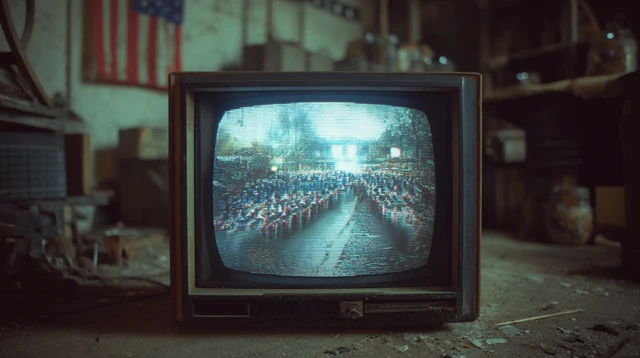 Retro TV Static Cluttered Backroom American Flag