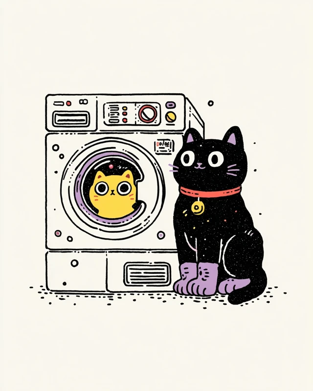 Cute Cat and the Washing Machine Illustration
