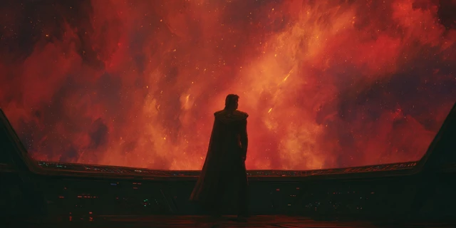 Admiral on Starship Bridge Red Nebula
