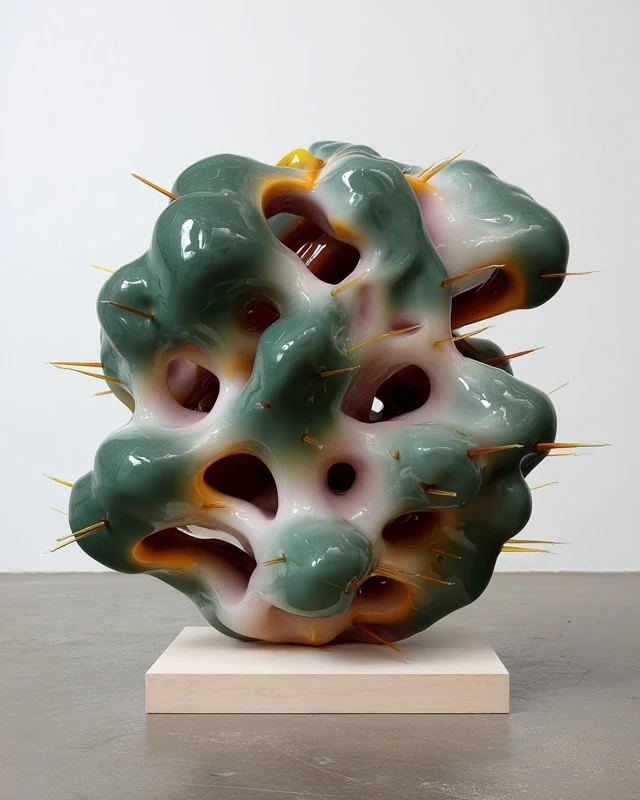 Abstract Ceramic Sculpture with Neon Orange Edges