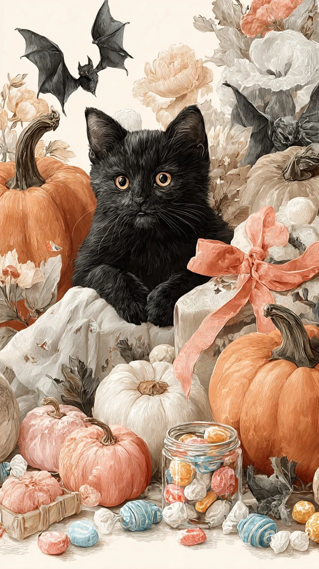 Halloween Black Cat and Pumpkins Watercolor