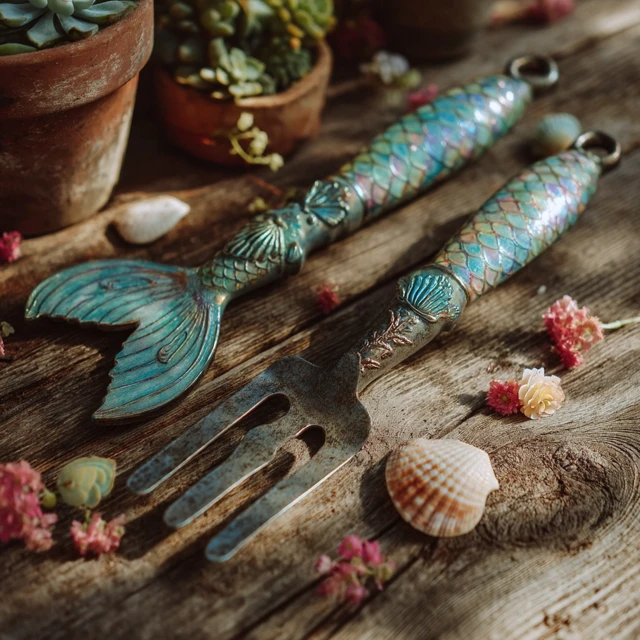 Mermaid Garden Tool Set Handcrafted Shovel and Fork