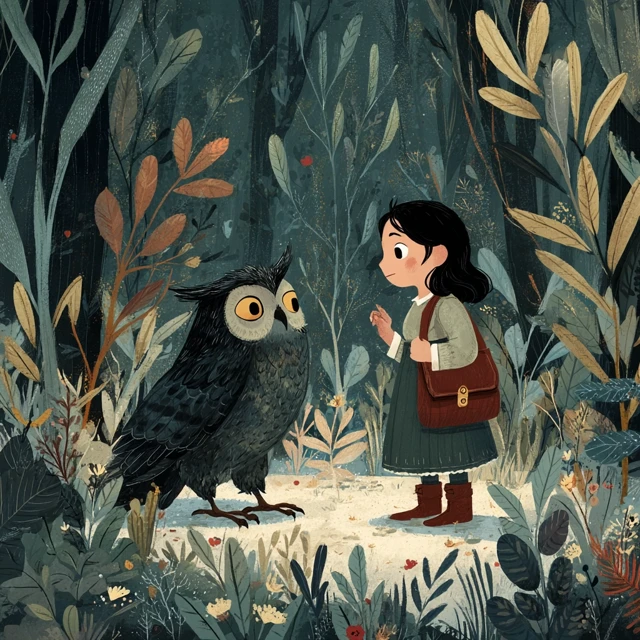 Owl and Girl in Forest Clearing Illustration