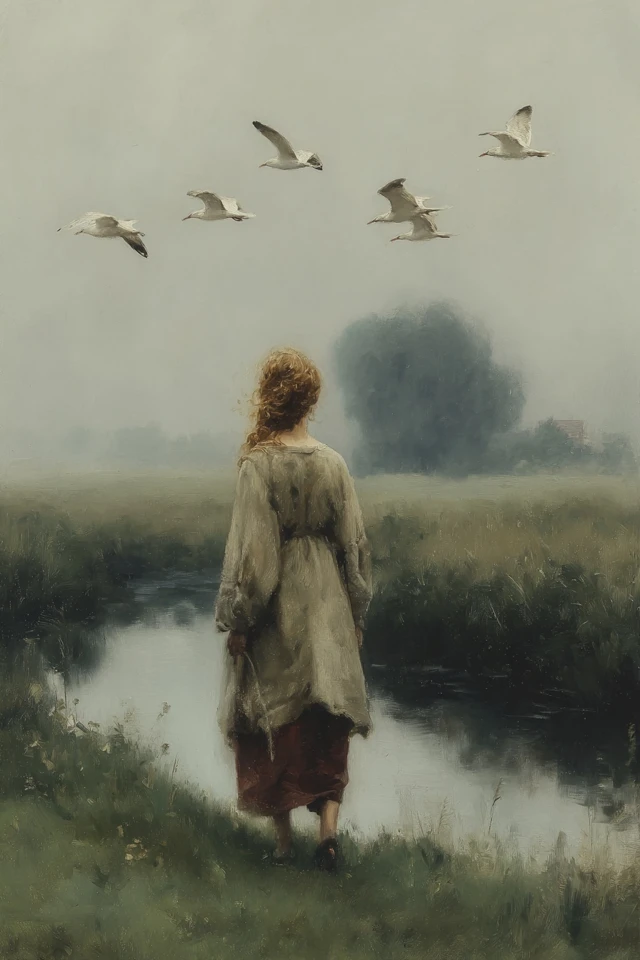 Girl by a River with Gulls Painting