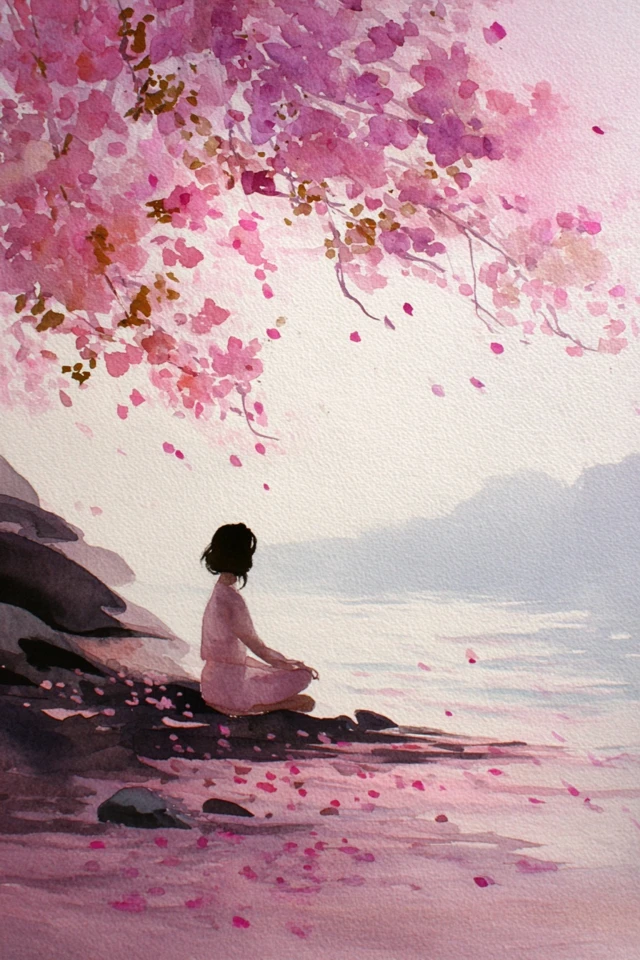 Watercolor Painting of Woman Meditating Under Cherry Blossoms