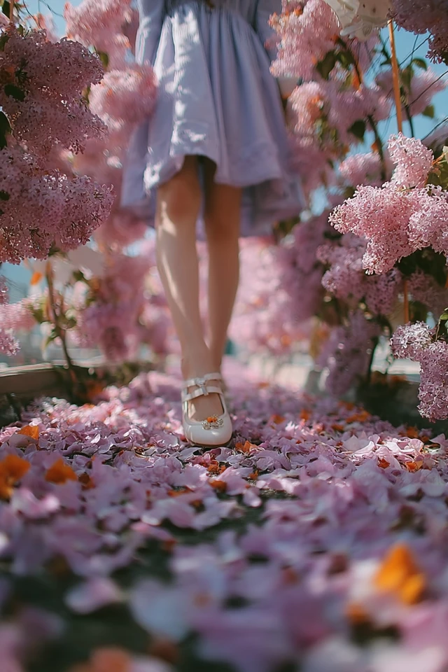 Walking Through Lilac Petals: A Low Angle View