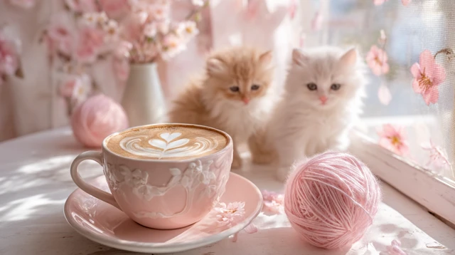 Cute Kittens in a Cafe with Latte Art