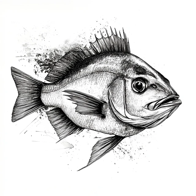 Red Seabream Madai Face Sumi e Ink Illustration