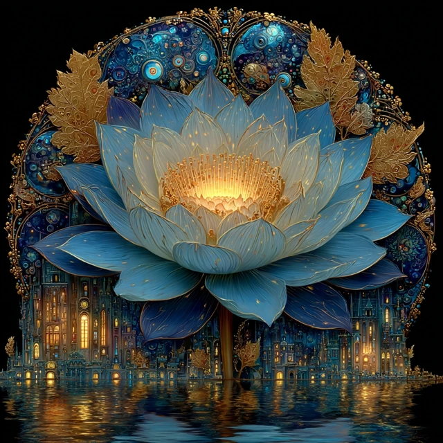 Fantasy Lotus Flower with Gothic City at Night