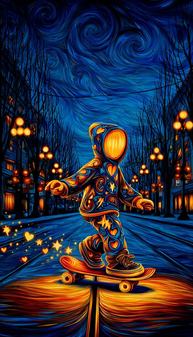 Girl Skateboarding in Neon City Art