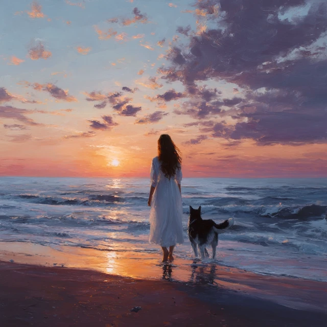 Girl Dog Sunset Beach Beautiful Scene