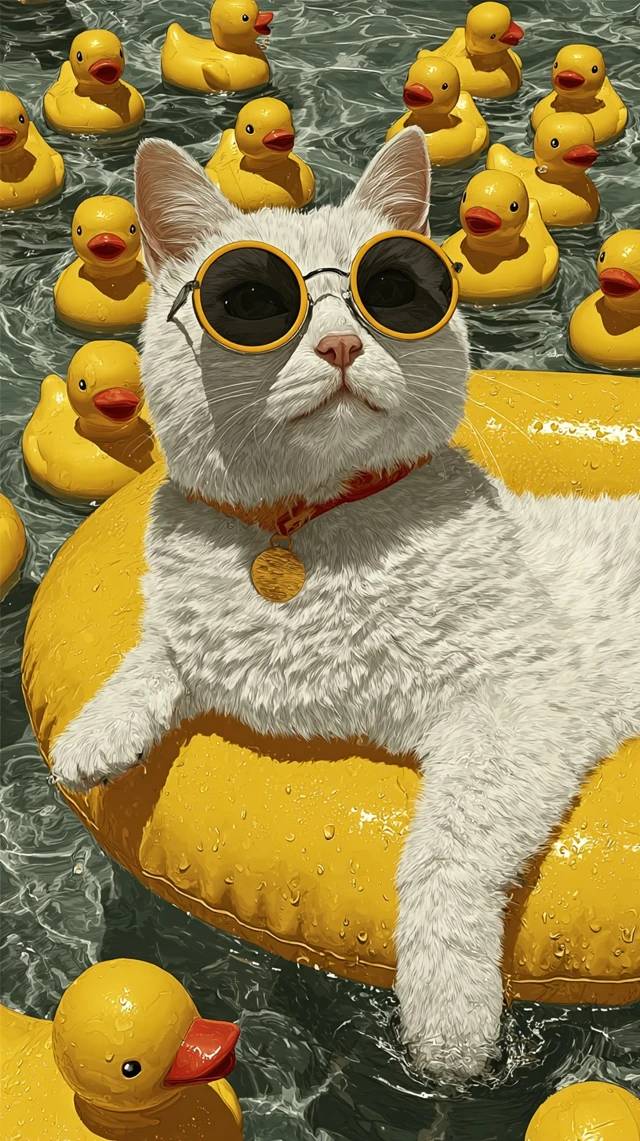 Kawaii Cat in Sunglasses Relaxing in the Pool