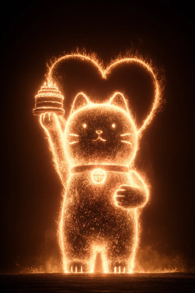 Fiery Lucky Cat with Cake