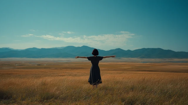Woman on Korean Grassland Cinematic Landscape