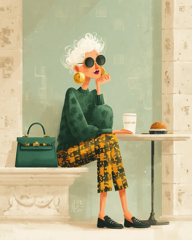 Stylish Senior Woman at French Cafe Illustration