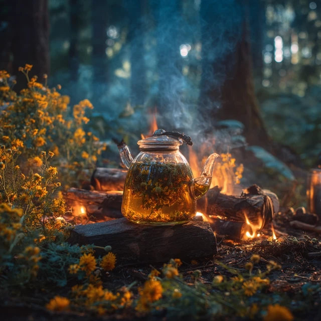 Poppy Flower Tea Brewing in the Forest Campfire