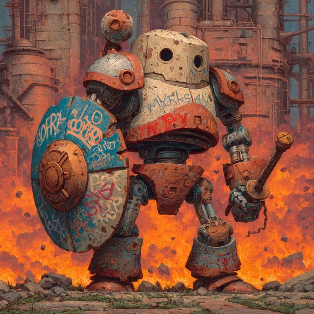 Postapocalyptic Robot Warrior Oil Painting