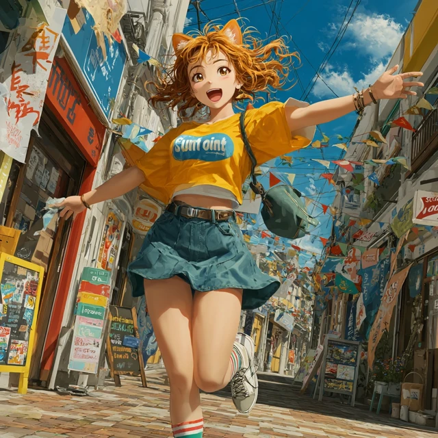 Anime Catgirl Dancing in a Colorful Street Scene