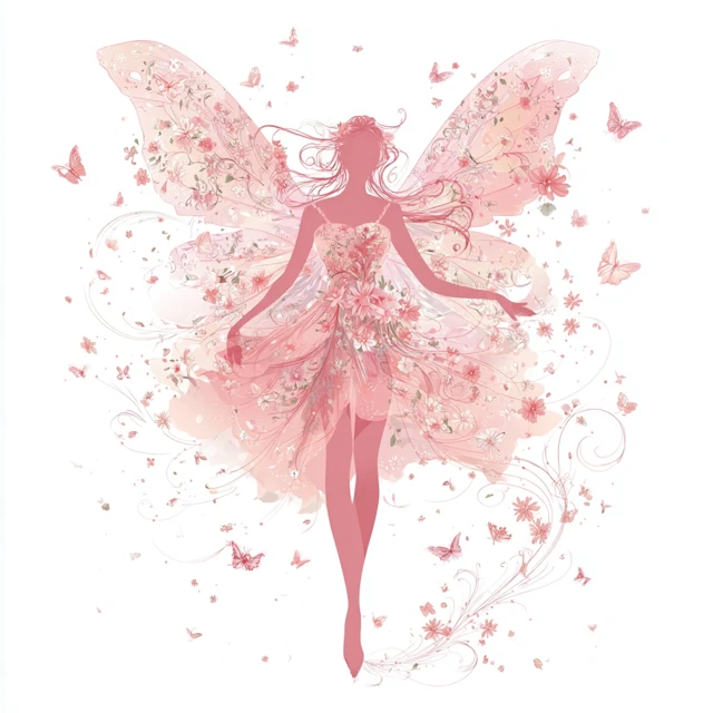Fairy Silhouette with Floral Wings and Butterflies