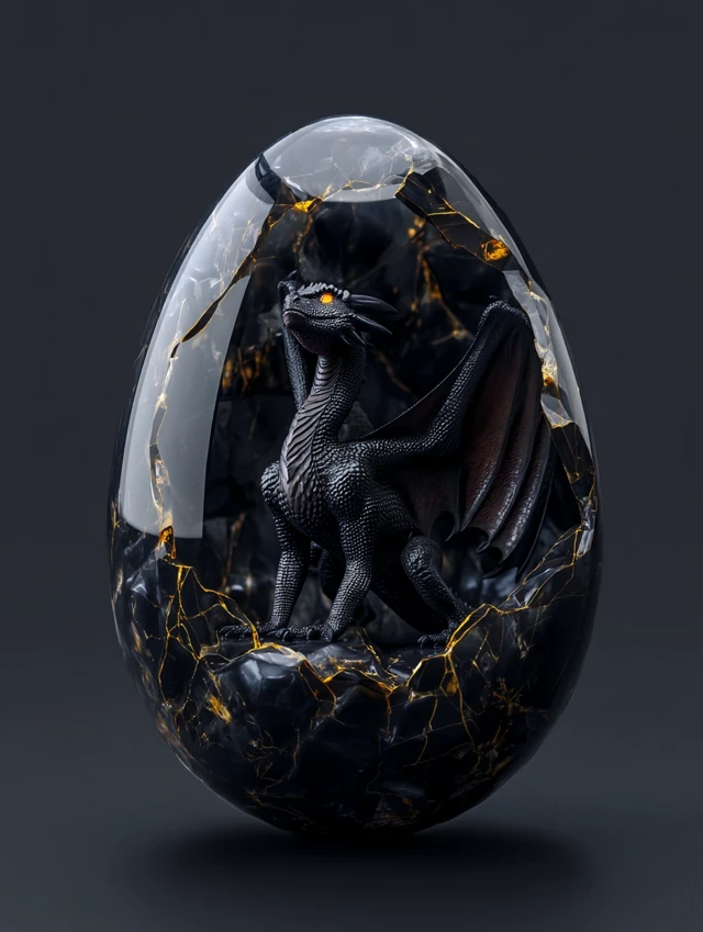 Black Dragon in Obsidian Crystal Egg