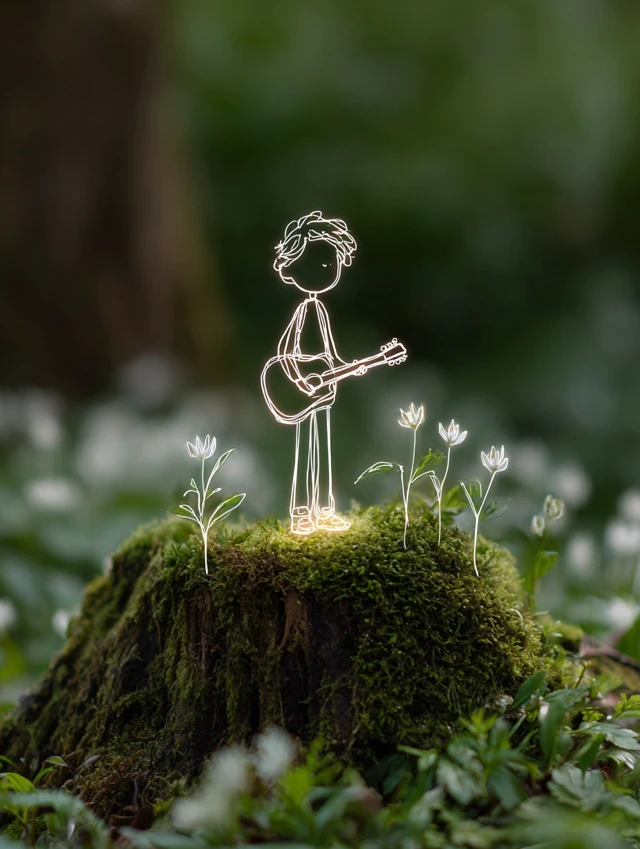 Boy Plays Guitar on a Stump in Forest Illustration