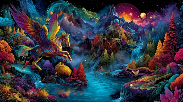 Colorful Pegasus Flying Over Mountain Landscape