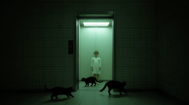 Boy in Elevator with Black Cats: Mysterious Scene