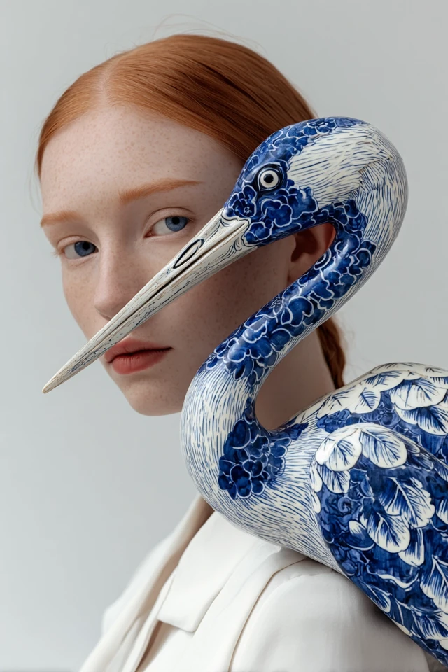 Woman with Crane Porcelain Art Fashion Portrait