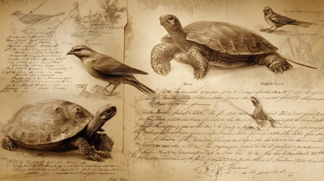 Galapagos Turtles and Finch Sepia Diagram