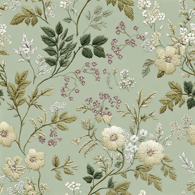 Embroidered Floral Pattern Sage Green Beige Delicate Details