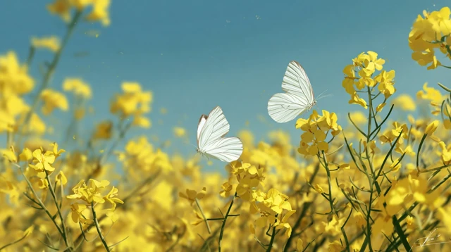 Rapeseed Field with Butterflies Spring Scene