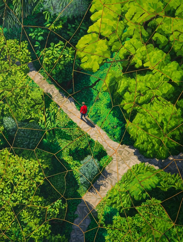 Man Lost in Forest Op Art Painting