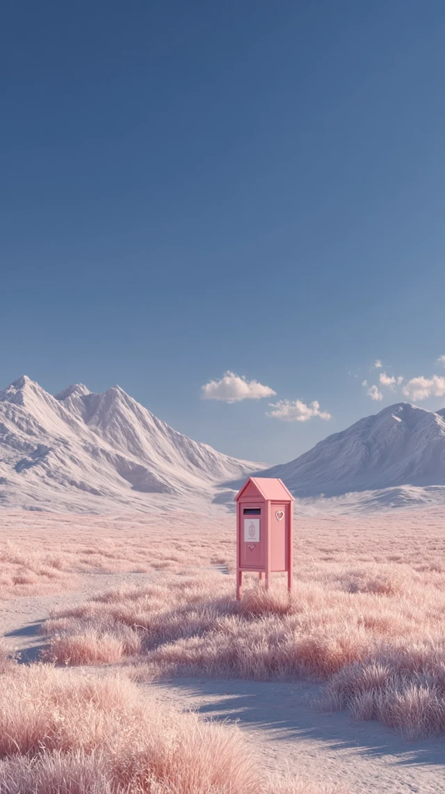 Surreal Mountain Landscape with Pink Mailbox