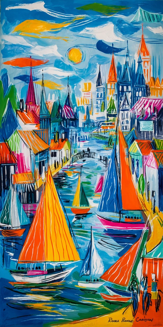 Abstract Painting Sailboats in Deauville Harbor Art