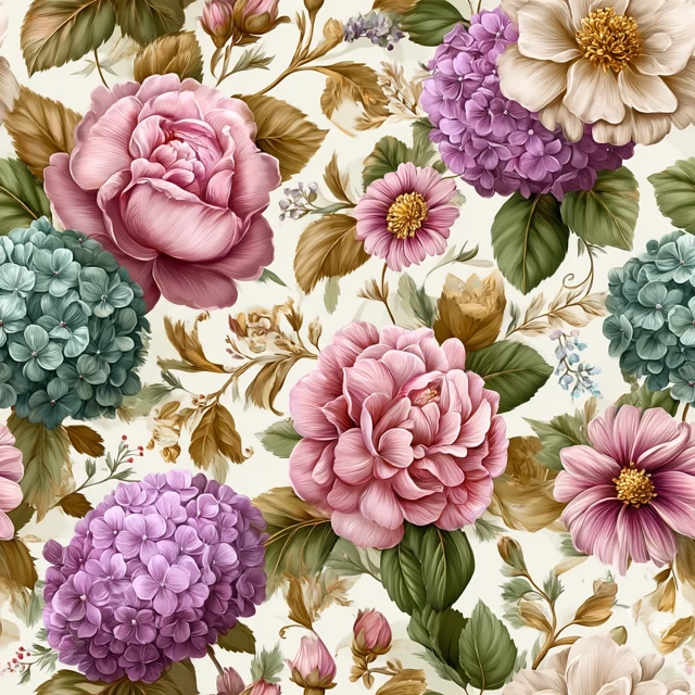 Floral Pattern Hydrangeas Peonies Pastel Colors