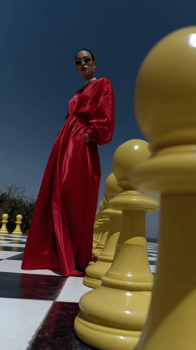 Red Dress on Chessboard Retro Fashion Editorial