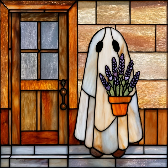 Stained Glass Ghost with Lavender A Cozy Halloween Artwork