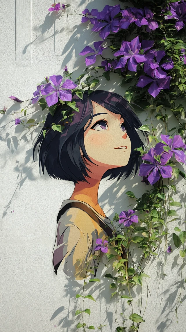 Anime Girl Mural with Flowers Wall Art