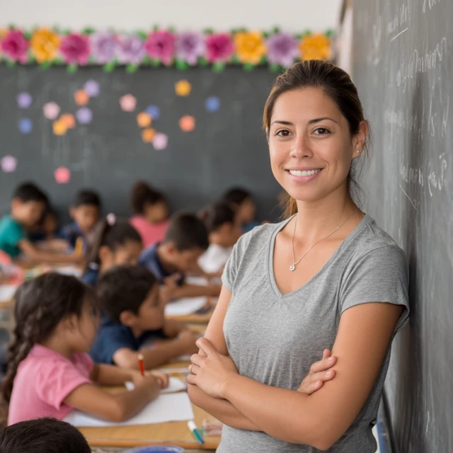 Latin Teacher Writing on Chalkboard in Classroom
