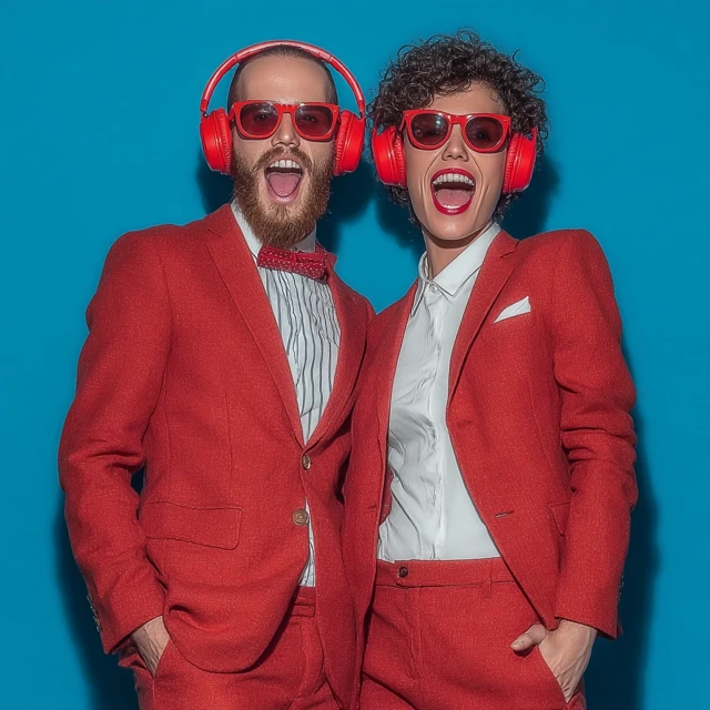 Happy People in Red Suits and Headphones on Blue