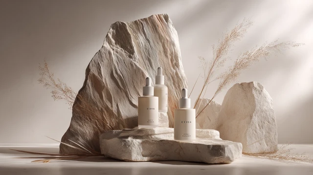 Minimalist Skincare Bottles in Natural Artistic Scene