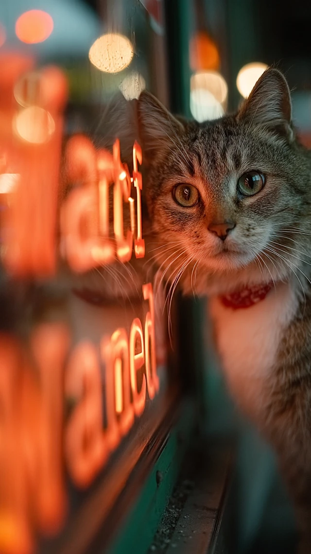 Curious Cat in a Red Bandana at Night