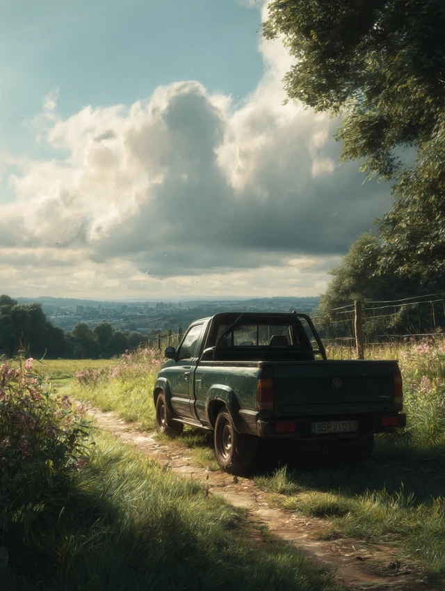 Green Van on Soil Road Field to City