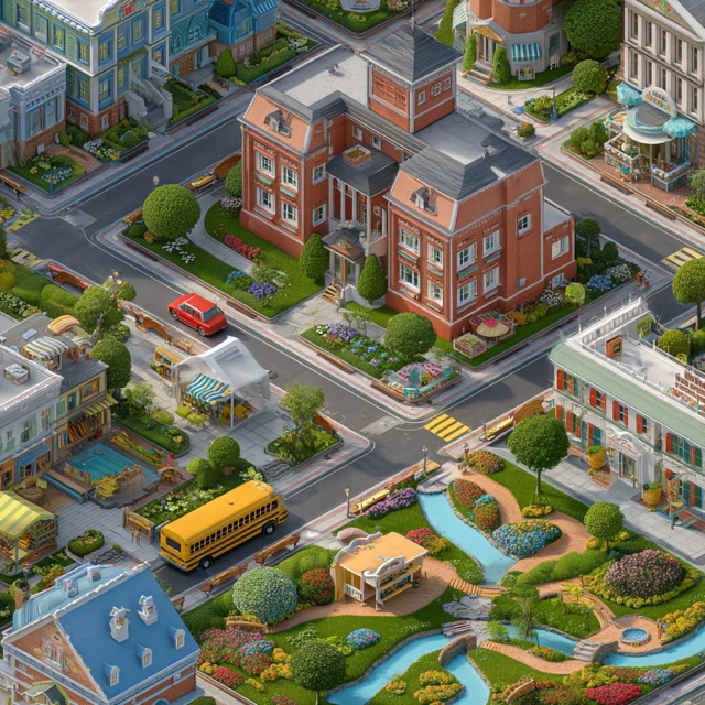 Pixar 3D Neighborhood Colorful Buildings Kid Friendly