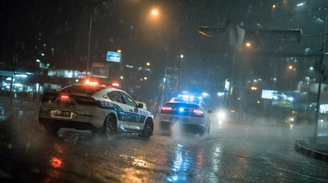 Police Cars Skidding in Future City Night