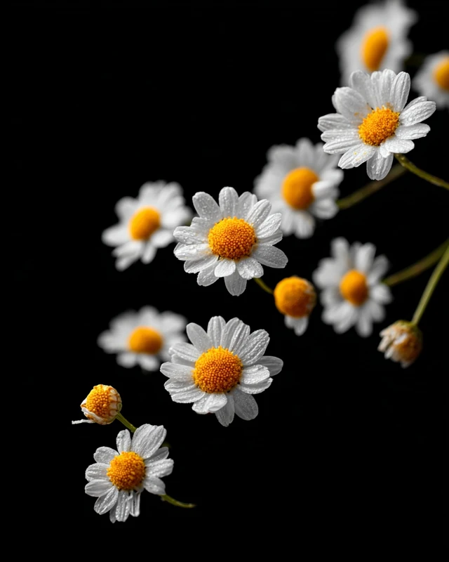 Chamomile Flowers Floating on Black Background